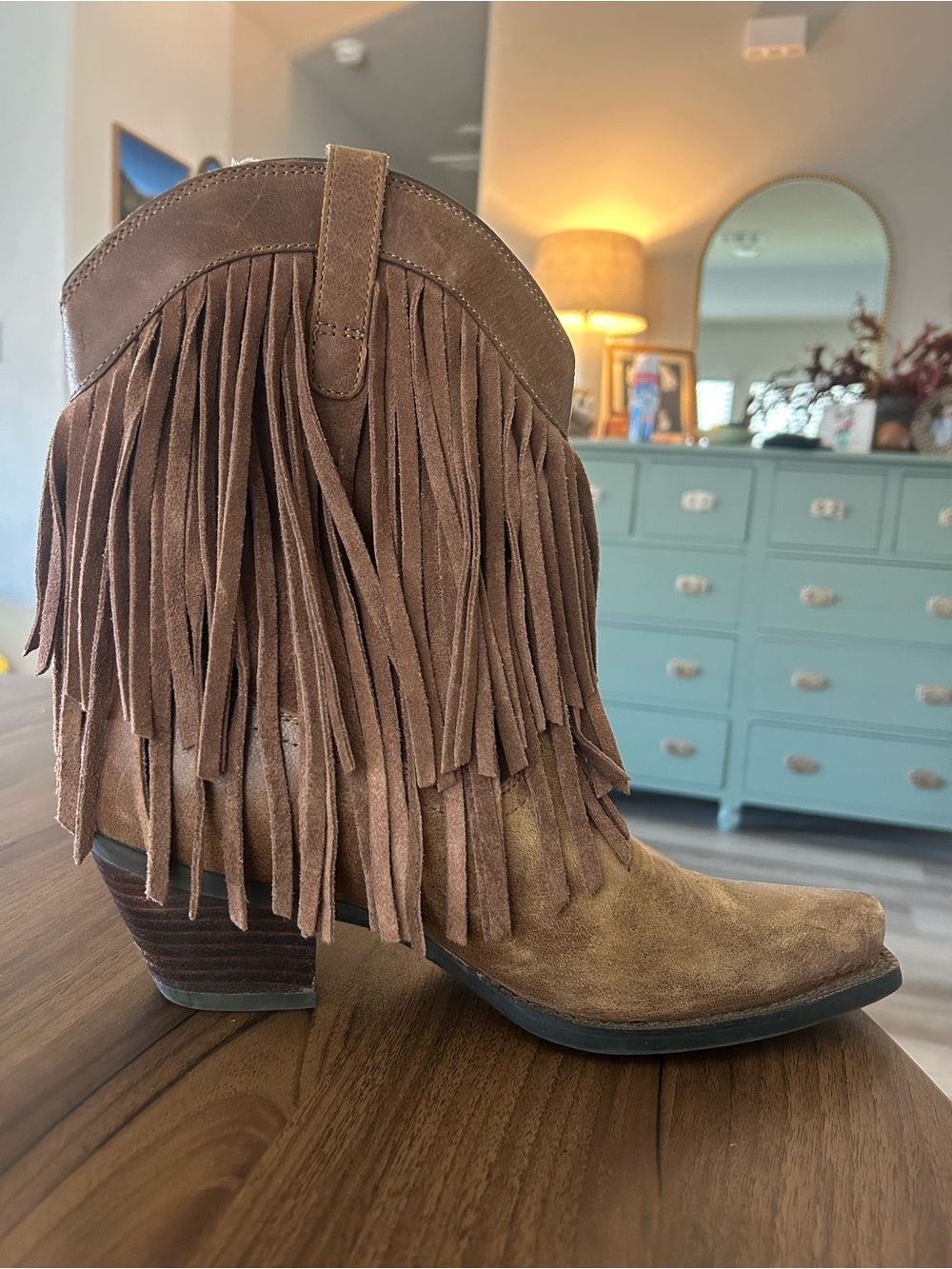 Ariat Tan Suede Fringe Western Ankle Boots